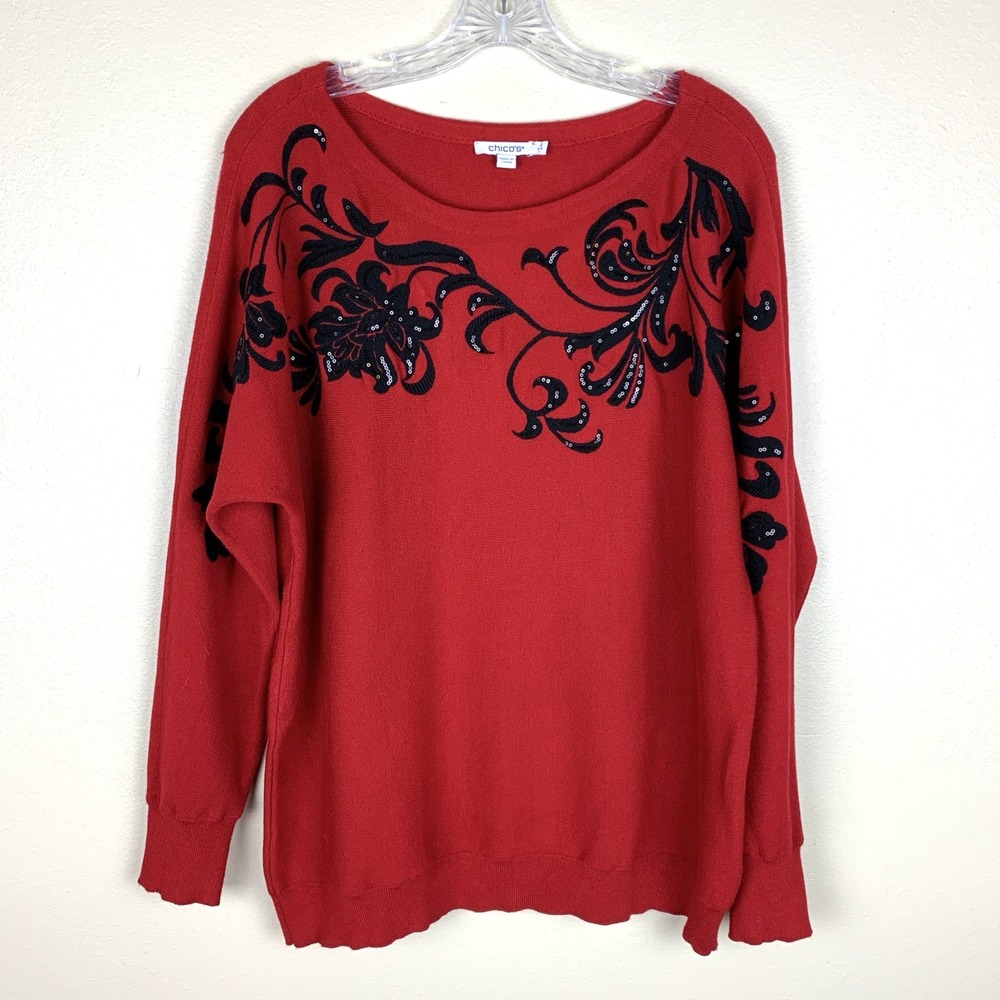 Chicos Sweater Size 2 L Red Dolman Boat Neck Holiday Party Sequin Boho Floral